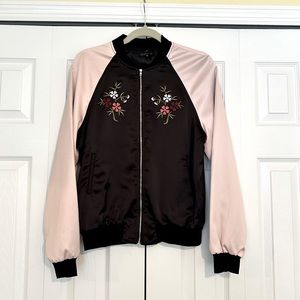 NWOT! Satin Bomber Jacket with Embroidered Flower 🌺 Front. Size Med